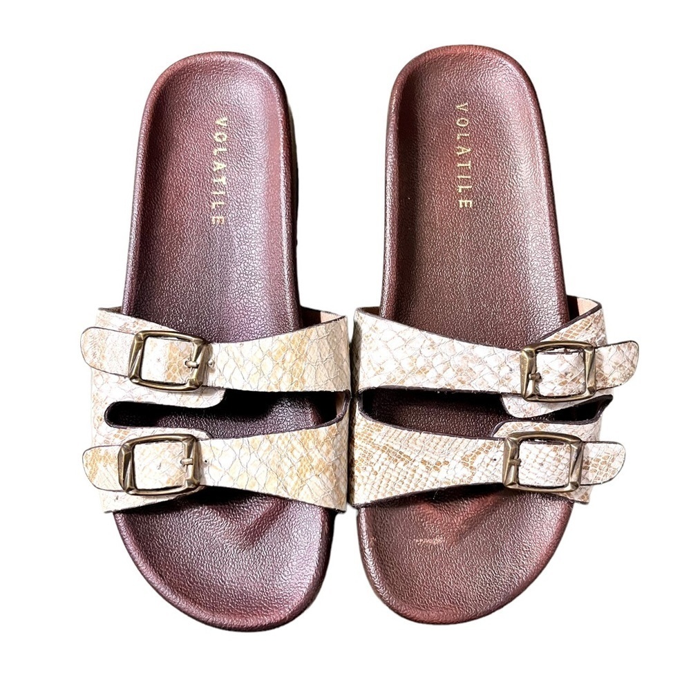 Volatile Two Strap Snakeskin Sandals Size 7 Cream/Tan